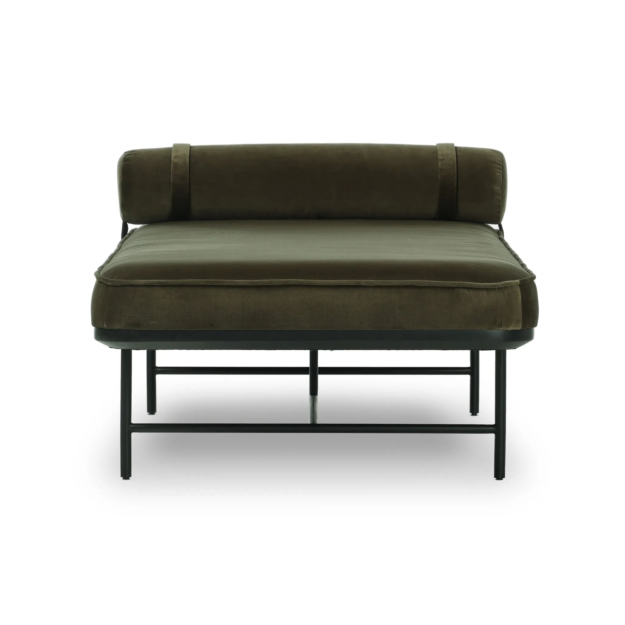 Elevate any room with a timeless chaise. Upholstered in a velvety cotton blend with a bench seat, angled apron and strap-secured bolster headrest. Slim steel legs keep this look light and airy Amethyst Home provides interior design, new home construction design consulting, vintage area rugs, and lighting in the Portland metro area.