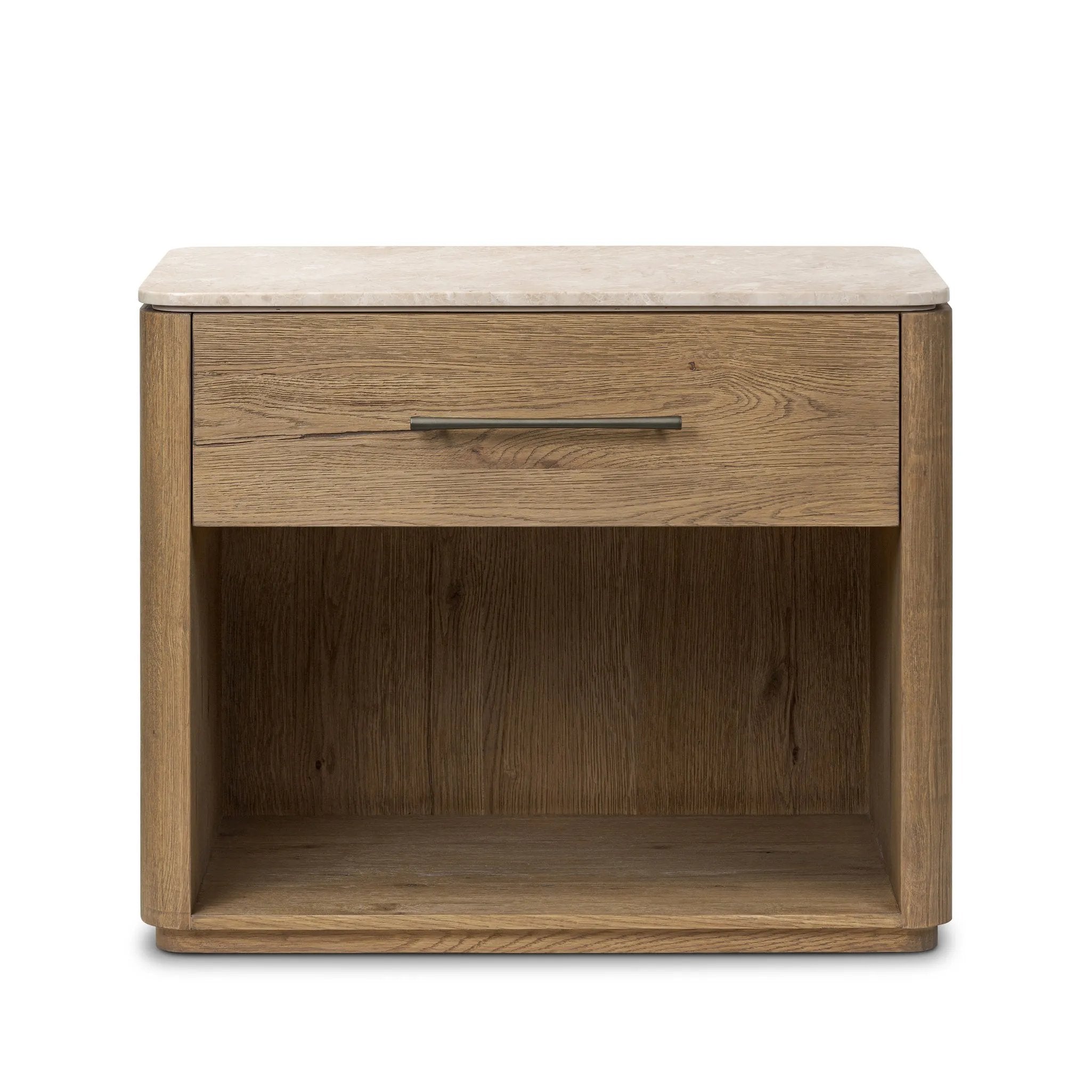 A smooth marble top adds refinement to this clean, vintage-inspired nightstand, made from worn oak with a plinth base and bronze hardware. The single top drawer and open cubby provide ample storage Amethyst Home provides interior design, new home construction design consulting, vintage area rugs, and lighting in the Austin metro area.