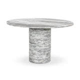 A bold, sculptural presence with movement throughout. This solid marble table features a stacked fluted base and bullnose-edged top that combine to let the natural variation of the material take center stage.As fans of clean design at Amethyst, we love the nature inspired Reeves Dining Table - River Grey Marble. Amethyst Home provides interior design, new home construction design consulting, vintage area rugs, and lighting in the Kansas City metro area.