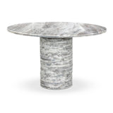 A bold, sculptural presence with movement throughout. This solid marble table features a stacked fluted base and bullnose-edged top that combine to let the natural variation of the material take center stage.As fans of clean design at Amethyst, we love the nature inspired Reeves Dining Table - River Grey Marble. Amethyst Home provides interior design, new home construction design consulting, vintage area rugs, and lighting in the Portland metro area.