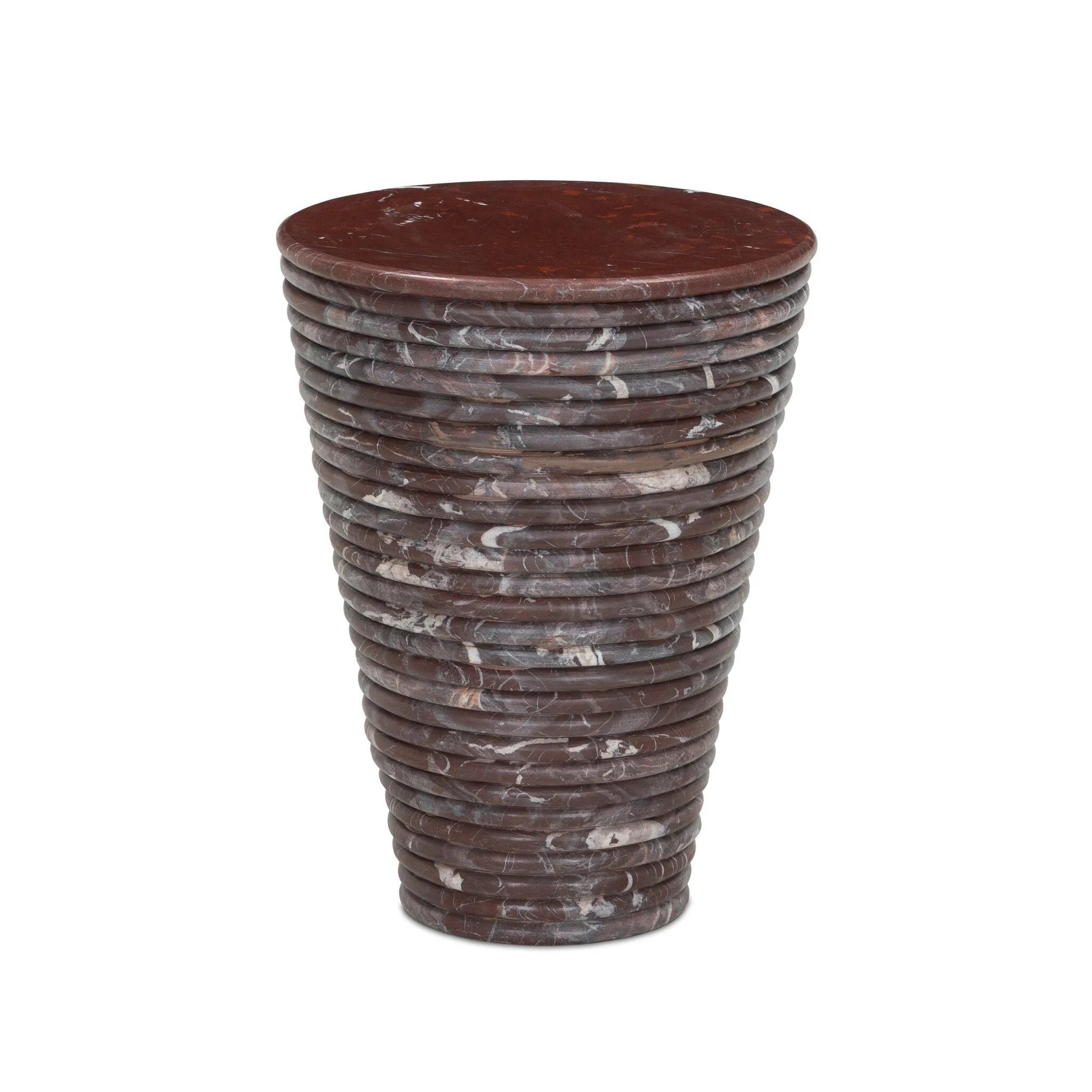 An elevated, modern addition to any room, this cone-shaped end table of solid marble features stacked reeding for a look of continuous movement.As enthusiasts of wabi sabi aesthetics at Amethyst, we love the nature inspired Reeves Large End Table - Cordovan Marble. Amethyst Home provides interior design, new home construction design consulting, vintage area rugs, and lighting in the Scottsdale metro area.
