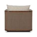 Softness is the story of this mixed material outdoor chair. With thick, sink-in cushioning and a loose pillow on the seatback, the silhouette comes together with a barrel-shaped, FSC®-certified teak frame featuring a crosshatch cane panel. Cover or store inside during inclement weather and when not in use. Amethyst Home provides interior design, new home construction design consulting, vintage area rugs, and lighting in the Calabasas metro area.