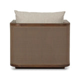 Softness is the story of this mixed material outdoor chair. With thick, sink-in cushioning and a loose pillow on the seatback, the silhouette comes together with a barrel-shaped, FSC®-certified teak frame featuring a crosshatch cane panel. Cover or store inside during inclement weather and when not in use. Amethyst Home provides interior design, new home construction design consulting, vintage area rugs, and lighting in the Calabasas metro area.