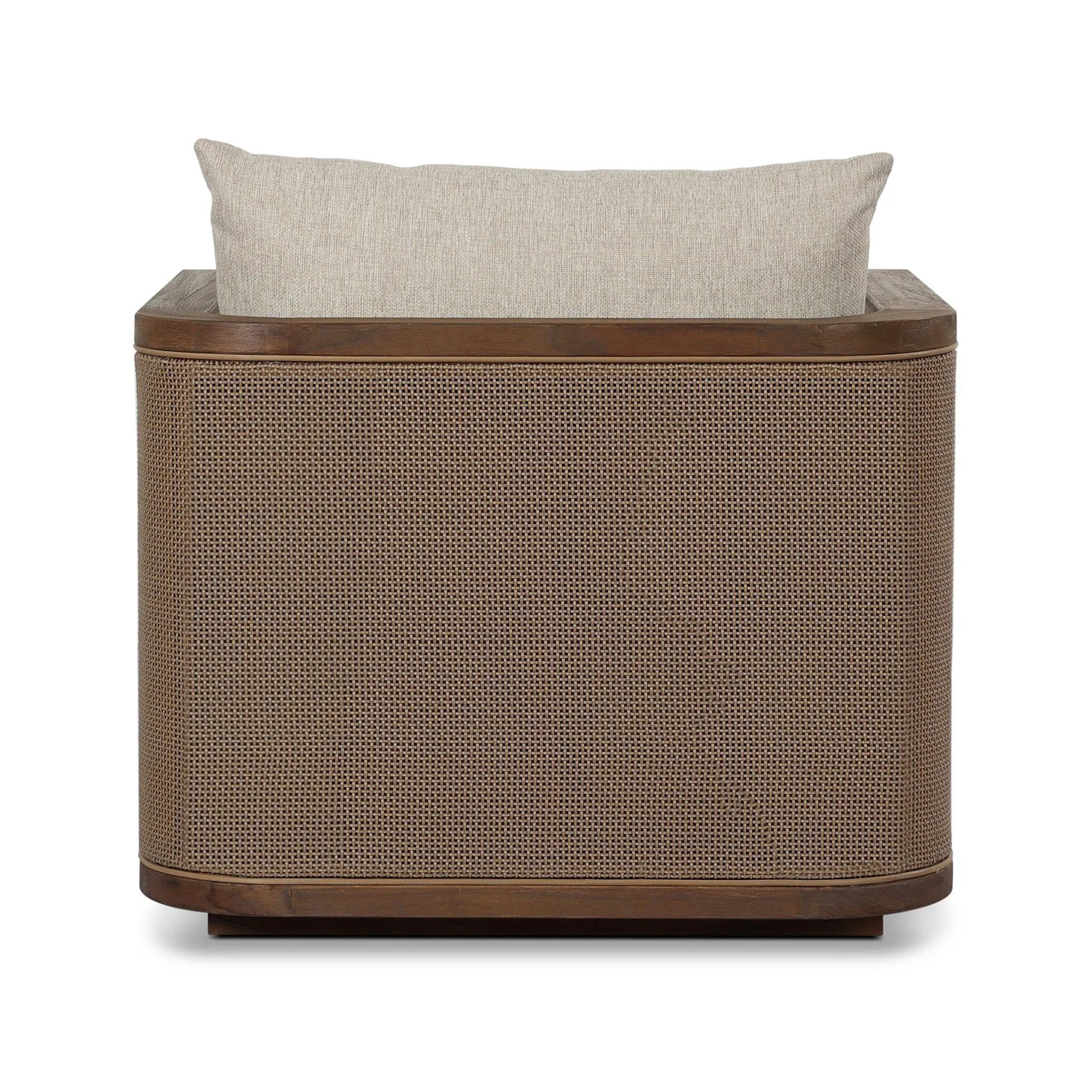 Softness is the story of this mixed material outdoor chair. With thick, sink-in cushioning and a loose pillow on the seatback, the silhouette comes together with a barrel-shaped, FSC®-certified teak frame featuring a crosshatch cane panel. Cover or store inside during inclement weather and when not in use. Amethyst Home provides interior design, new home construction design consulting, vintage area rugs, and lighting in the Calabasas metro area.