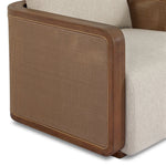 Softness is the story of this mixed material outdoor chair. With thick, sink-in cushioning and a loose pillow on the seatback, the silhouette comes together with a barrel-shaped, FSC®-certified teak frame featuring a crosshatch cane panel. Cover or store inside during inclement weather and when not in use. Amethyst Home provides interior design, new home construction design consulting, vintage area rugs, and lighting in the Des Moines metro area.