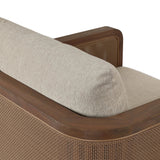 Softness is the story of this mixed material outdoor chair. With thick, sink-in cushioning and a loose pillow on the seatback, the silhouette comes together with a barrel-shaped, FSC®-certified teak frame featuring a crosshatch cane panel. Cover or store inside during inclement weather and when not in use. Amethyst Home provides interior design, new home construction design consulting, vintage area rugs, and lighting in the Laguna Beach metro area.