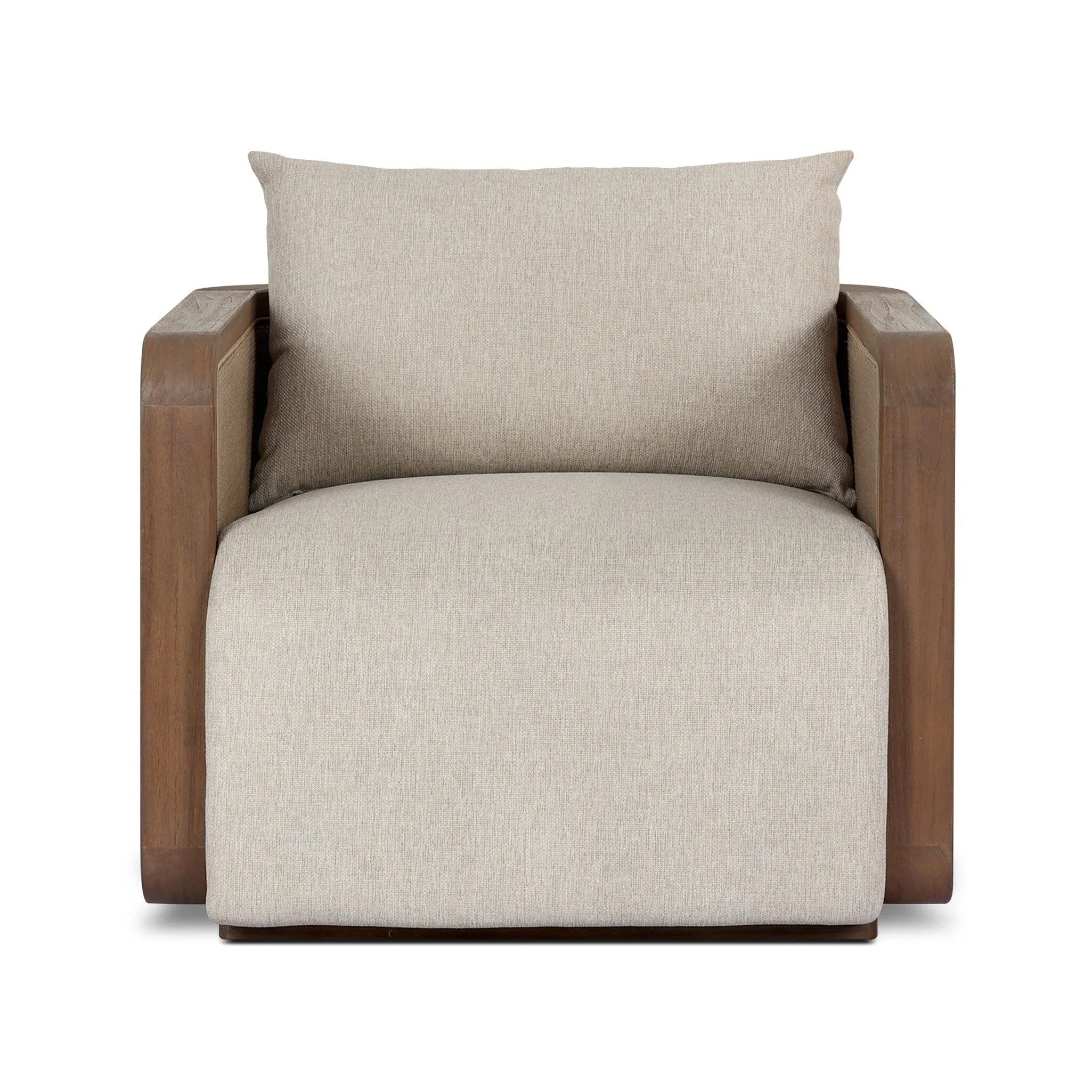 Softness is the story of this mixed material outdoor chair. With thick, sink-in cushioning and a loose pillow on the seatback, the silhouette comes together with a barrel-shaped, FSC®-certified teak frame featuring a crosshatch cane panel. Cover or store inside during inclement weather and when not in use. Amethyst Home provides interior design, new home construction design consulting, vintage area rugs, and lighting in the Newport Beach metro area.