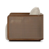 Softness is the story of this mixed material outdoor chair. With thick, sink-in cushioning and a loose pillow on the seatback, the silhouette comes together with a barrel-shaped, FSC®-certified teak frame featuring a crosshatch cane panel. Cover or store inside during inclement weather and when not in use. Amethyst Home provides interior design, new home construction design consulting, vintage area rugs, and lighting in the San Diego metro area.