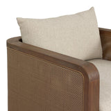 Softness is the story of this mixed material outdoor chair. With thick, sink-in cushioning and a loose pillow on the seatback, the silhouette comes together with a barrel-shaped, FSC®-certified teak frame featuring a crosshatch cane panel. Cover or store inside during inclement weather and when not in use. Amethyst Home provides interior design, new home construction design consulting, vintage area rugs, and lighting in the Washington metro area.