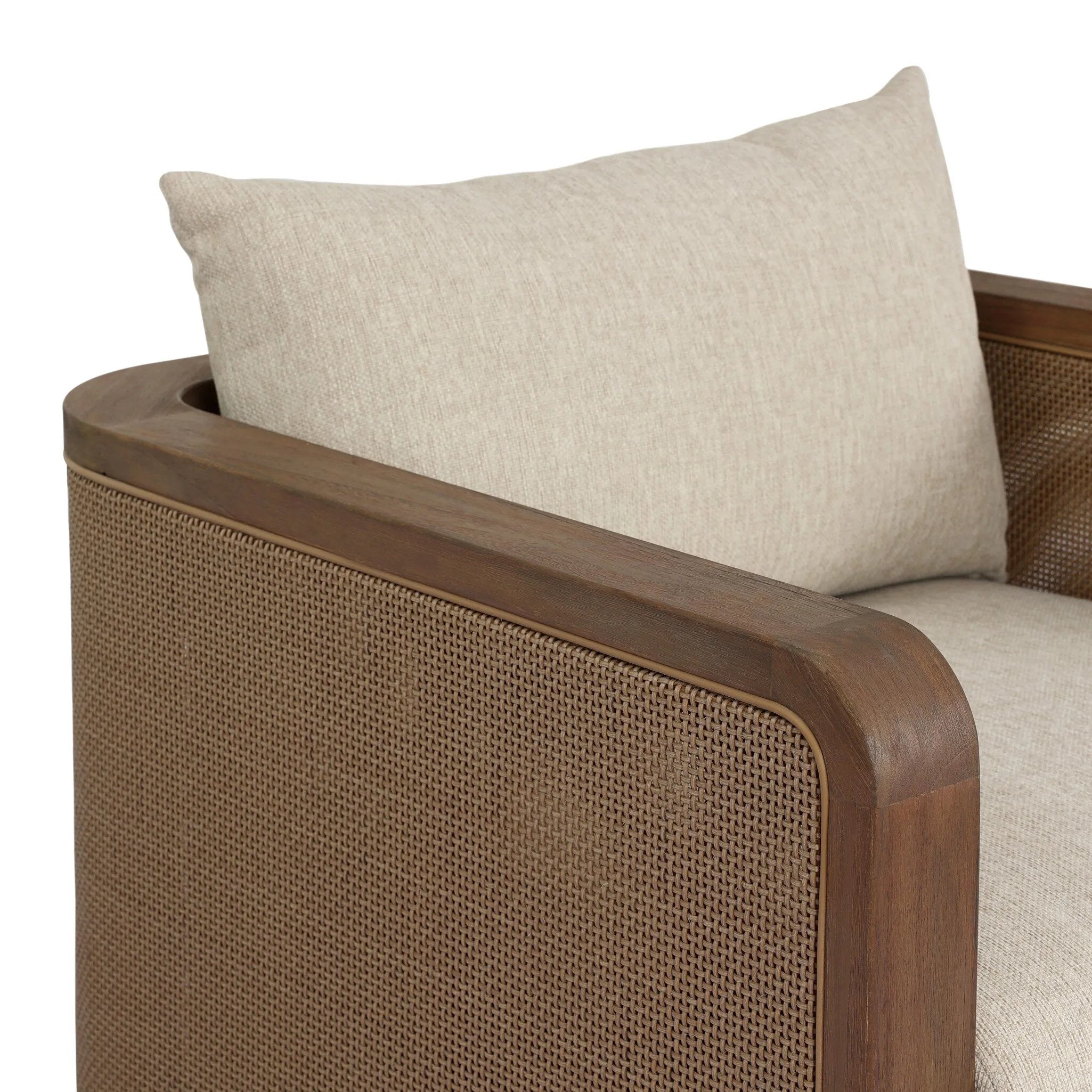 Softness is the story of this mixed material outdoor chair. With thick, sink-in cushioning and a loose pillow on the seatback, the silhouette comes together with a barrel-shaped, FSC®-certified teak frame featuring a crosshatch cane panel. Cover or store inside during inclement weather and when not in use. Amethyst Home provides interior design, new home construction design consulting, vintage area rugs, and lighting in the Washington metro area.
