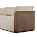 Softness is the story of this mixed material outdoor sofa. With thick, sink-in cushioning and loose pillows on the seatback, the silhouette comes together with a barrel-shaped, FSC®-certified teak frame featuring a crosshatch cane panel. Cover or store inside during inclement weather and when not in use. Amethyst Home provides interior design, new home construction design consulting, vintage area rugs, and lighting in the Des Moines metro area.