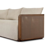 Softness is the story of this mixed material outdoor sofa. With thick, sink-in cushioning and loose pillows on the seatback, the silhouette comes together with a barrel-shaped, FSC®-certified teak frame featuring a crosshatch cane panel. Cover or store inside during inclement weather and when not in use. Amethyst Home provides interior design, new home construction design consulting, vintage area rugs, and lighting in the Des Moines metro area.