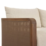 Softness is the story of this mixed material outdoor sofa. With thick, sink-in cushioning and loose pillows on the seatback, the silhouette comes together with a barrel-shaped, FSC®-certified teak frame featuring a crosshatch cane panel. Cover or store inside during inclement weather and when not in use. Amethyst Home provides interior design, new home construction design consulting, vintage area rugs, and lighting in the Monterey metro area.
