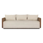 Softness is the story of this mixed material outdoor sofa. With thick, sink-in cushioning and loose pillows on the seatback, the silhouette comes together with a barrel-shaped, FSC®-certified teak frame featuring a crosshatch cane panel. Cover or store inside during inclement weather and when not in use. Amethyst Home provides interior design, new home construction design consulting, vintage area rugs, and lighting in the Nashville metro area.