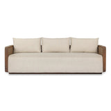 Softness is the story of this mixed material outdoor sofa. With thick, sink-in cushioning and loose pillows on the seatback, the silhouette comes together with a barrel-shaped, FSC®-certified teak frame featuring a crosshatch cane panel. Cover or store inside during inclement weather and when not in use. Amethyst Home provides interior design, new home construction design consulting, vintage area rugs, and lighting in the Nashville metro area.