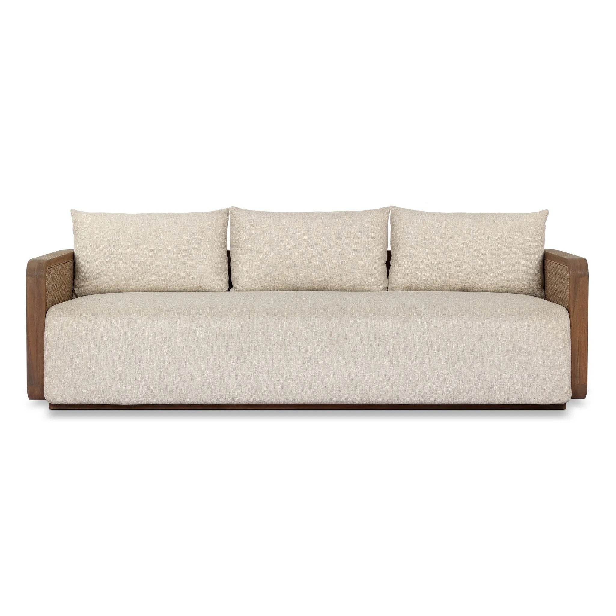 Softness is the story of this mixed material outdoor sofa. With thick, sink-in cushioning and loose pillows on the seatback, the silhouette comes together with a barrel-shaped, FSC®-certified teak frame featuring a crosshatch cane panel. Cover or store inside during inclement weather and when not in use. Amethyst Home provides interior design, new home construction design consulting, vintage area rugs, and lighting in the Nashville metro area.