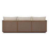 Softness is the story of this mixed material outdoor sofa. With thick, sink-in cushioning and loose pillows on the seatback, the silhouette comes together with a barrel-shaped, FSC®-certified teak frame featuring a crosshatch cane panel. Cover or store inside during inclement weather and when not in use. Amethyst Home provides interior design, new home construction design consulting, vintage area rugs, and lighting in the San Diego metro area.