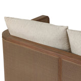 Softness is the story of this mixed material outdoor sofa. With thick, sink-in cushioning and loose pillows on the seatback, the silhouette comes together with a barrel-shaped, FSC®-certified teak frame featuring a crosshatch cane panel. Cover or store inside during inclement weather and when not in use. Amethyst Home provides interior design, new home construction design consulting, vintage area rugs, and lighting in the Washington metro area.