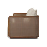 Softness is the story of this mixed material outdoor sofa. With thick, sink-in cushioning and loose pillows on the seatback, the silhouette comes together with a barrel-shaped, FSC®-certified teak frame featuring a crosshatch cane panel. Cover or store inside during inclement weather and when not in use. Amethyst Home provides interior design, new home construction design consulting, vintage area rugs, and lighting in the Winter Garden metro area.