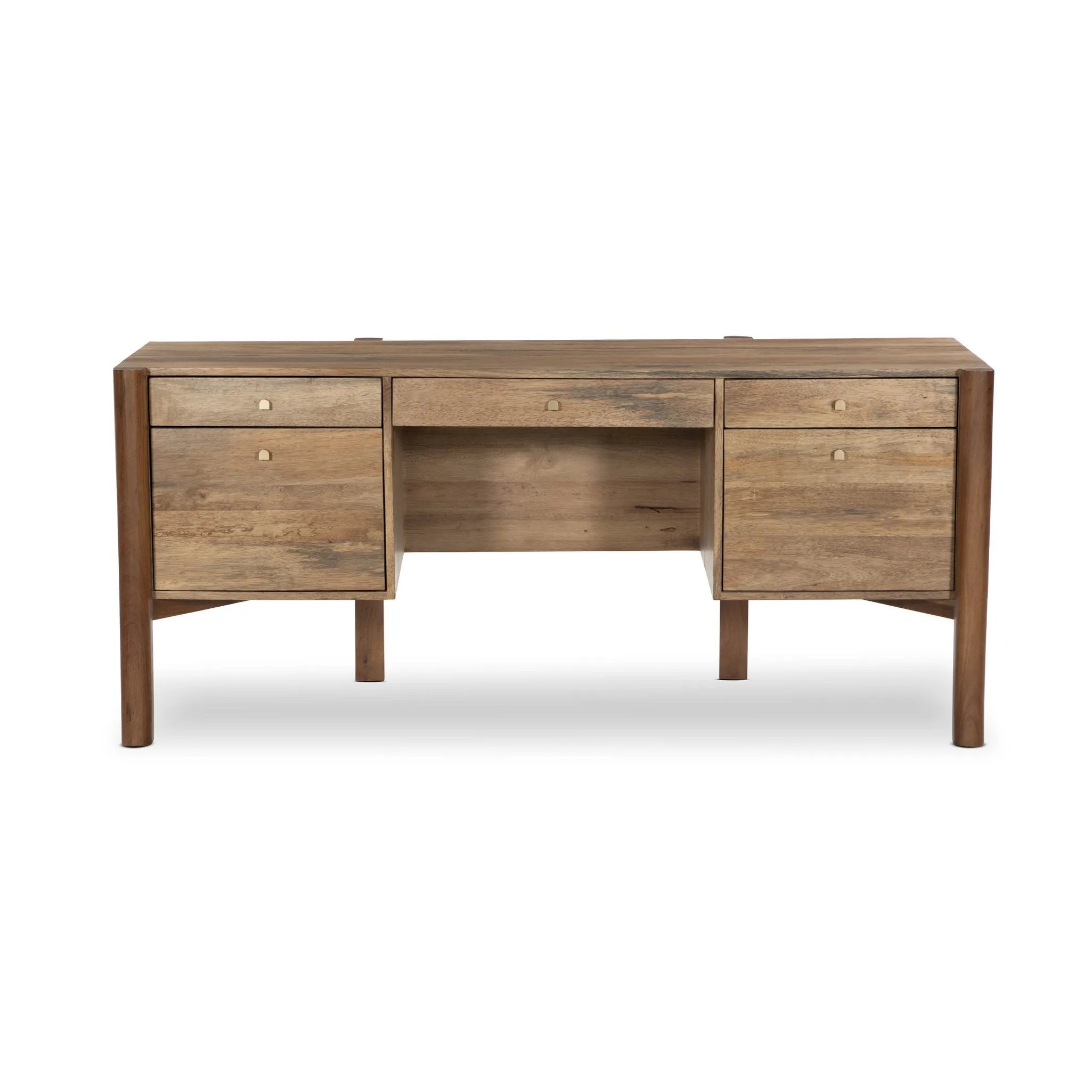 Midcentury meets Shaker. Made from solid acacia and finished in a light, smoked honey, with an arched cradle base. Vary-sized drawers bring generous storage space to the home office Amethyst Home provides interior design, new home construction design consulting, vintage area rugs, and lighting in the Nashville metro area.