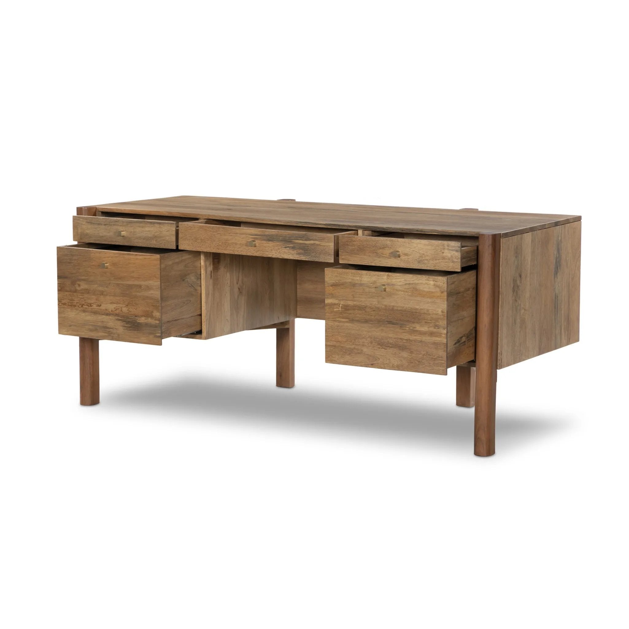 Featuring Reza Smoked Honey Desk by Four Hands at Amethyst Home. Midcentury meets Shaker. Made from solid acacia and finished in a light, smoked honey, with an arched cradle base. Vary-sized drawers bring generous storage space to the home office.Overall Dimensions: 70.00"w x 32.00"d x 30.25"hWeight : 194.12 lbsMaterials: Solid Parawood, Solid Acacia, Brass. Amethyst Home provides interior design, new home construction design consulting, vintage area rugs, and lighting in the Omaha metro area.