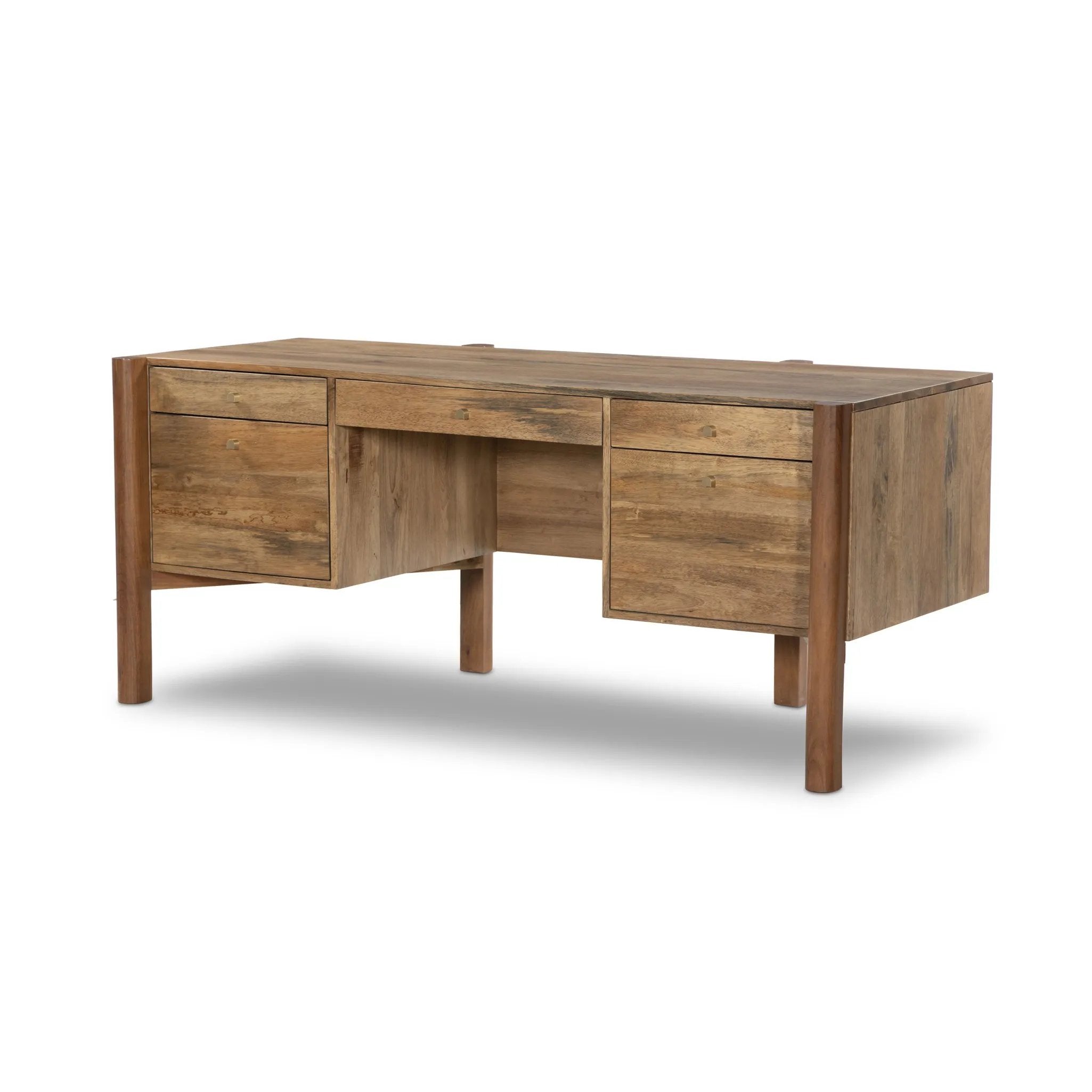 Midcentury meets Shaker. Made from solid acacia and finished in a light, smoked honey, with an arched cradle base. Vary-sized drawers bring generous storage space to the home office Amethyst Home provides interior design, new home construction design consulting, vintage area rugs, and lighting in the Park City metro area.