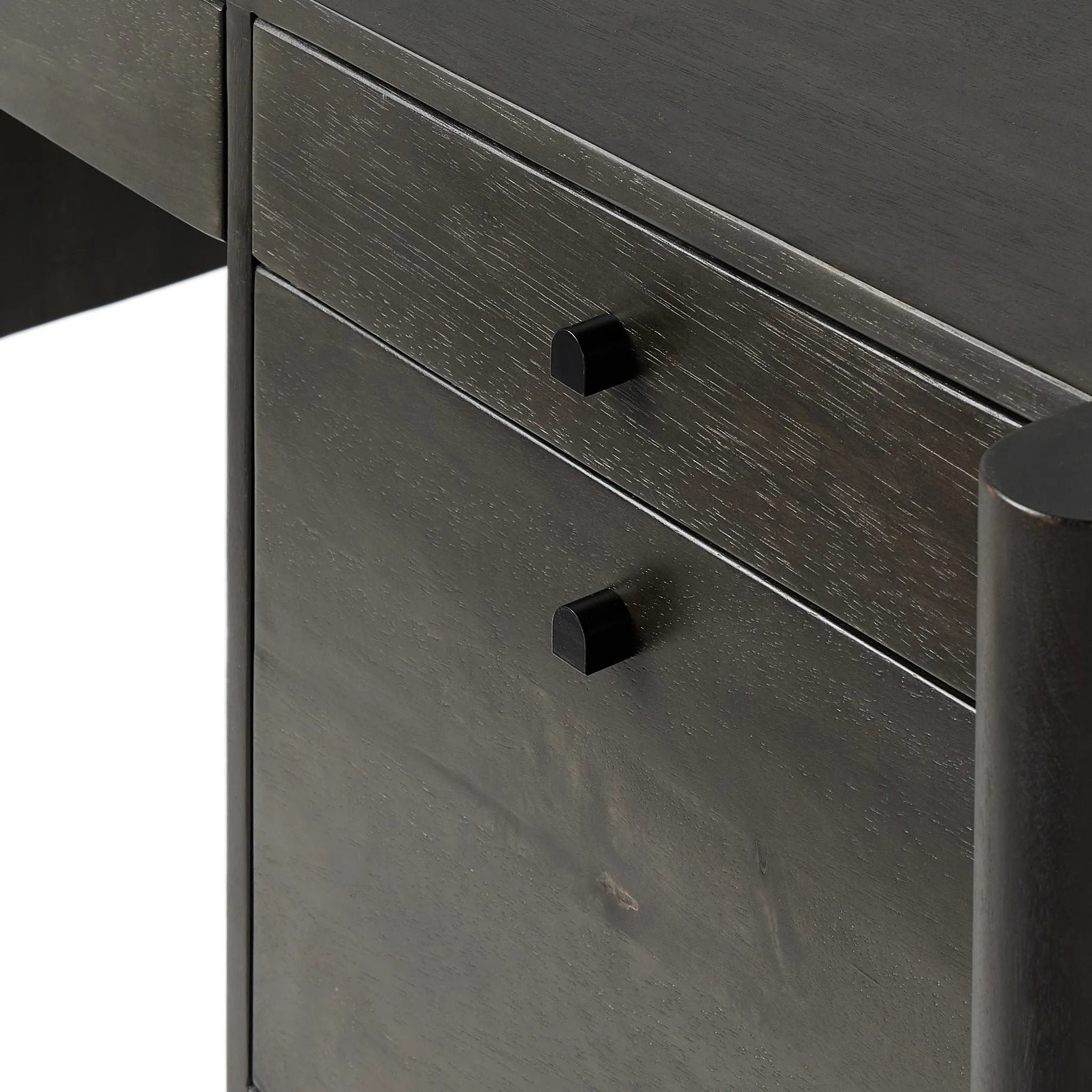 Featuring Reza Worn Black Parawood Desk by Four Hands at Amethyst Home. A storage-driven desk made from solid acacia and finished in a distressed black. Twist-lock metal hardware adds a clever finishing touch.Overall Dimensions: 70.00"w x 32.00"d x 30.25"hWeight : 194.12 lbsMaterials: Solid Parawood, Solid Acacia, Brass. Amethyst Home provides interior design, new home construction design consulting, vintage area rugs, and lighting in the San Diego metro area.