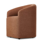 Featuring Rhett Bartin Rust Dining Chair by Four Hands at Amethyst Home. Fully upholstered in a unique rust hue, a barrel-style back creates a comfortable, cocoon-like sit. Slight scale perfect for smaller dining spaces.Overall Dimensions: 24.50"w x 25.00"d x 31.75"hWeight : 34.50 lbsMaterials: 57% Polyester, 17% Cotton, 15% Bamboo, 11% Lyocell Viscose, Eucaly. Amethyst Home provides interior design, new home construction design consulting, vintage area rugs, and lighting in the Austin metro area.