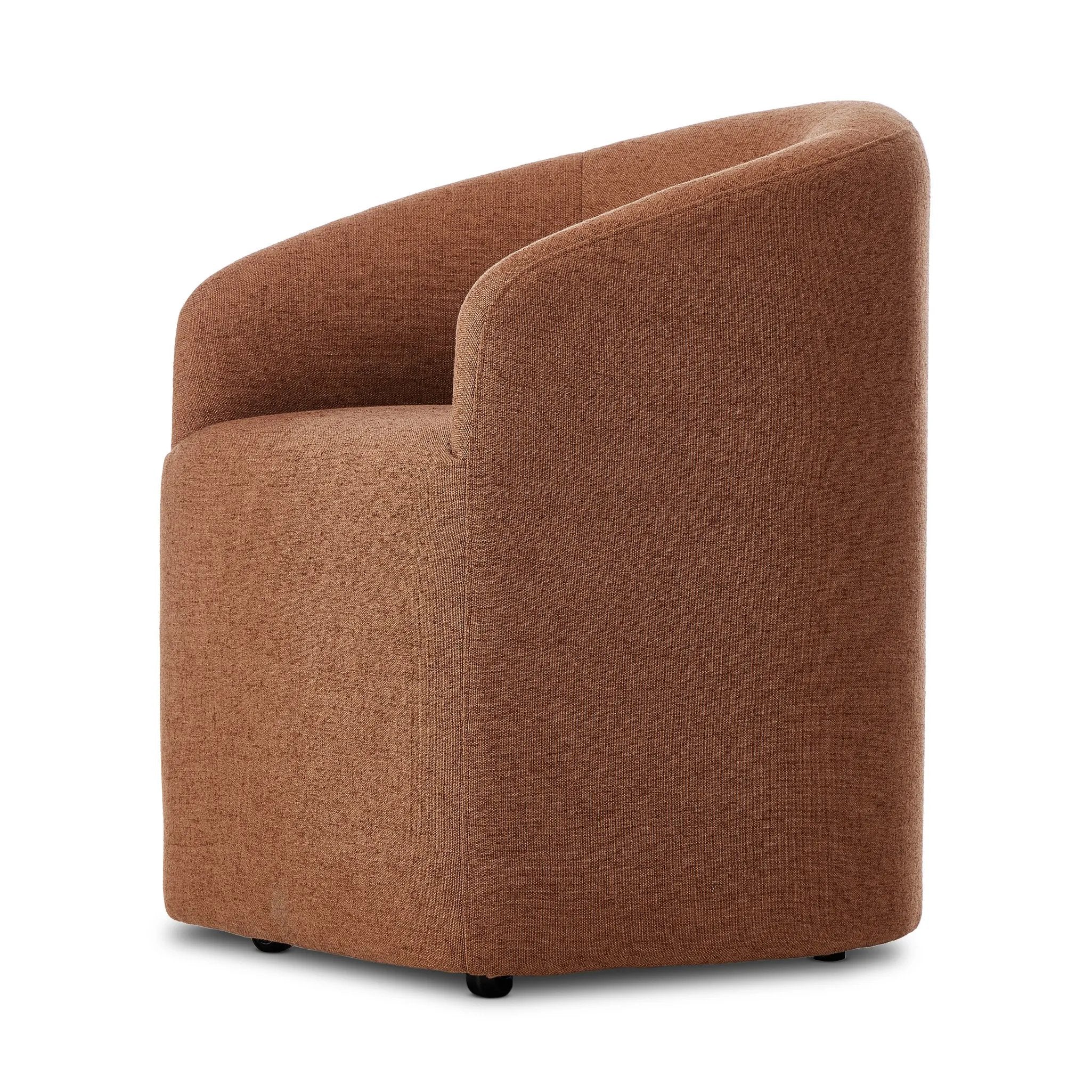 Featuring Rhett Bartin Rust Dining Chair by Four Hands at Amethyst Home. Fully upholstered in a unique rust hue, a barrel-style back creates a comfortable, cocoon-like sit. Slight scale perfect for smaller dining spaces.Overall Dimensions: 24.50"w x 25.00"d x 31.75"hWeight : 34.50 lbsMaterials: 57% Polyester, 17% Cotton, 15% Bamboo, 11% Lyocell Viscose, Eucaly. Amethyst Home provides interior design, new home construction design consulting, vintage area rugs, and lighting in the Austin metro area.