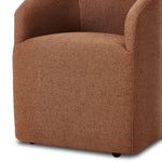 Featuring Rhett Bartin Rust Dining Chair by Four Hands at Amethyst Home. Fully upholstered in a unique rust hue, a barrel-style back creates a comfortable, cocoon-like sit. Slight scale perfect for smaller dining spaces.Overall Dimensions: 24.50"w x 25.00"d x 31.75"hWeight : 34.50 lbsMaterials: 57% Polyester, 17% Cotton, 15% Bamboo, 11% Lyocell Viscose, Eucal. Amethyst Home provides interior design, new home construction design consulting, vintage area rugs, and lighting in the Houston metro area.