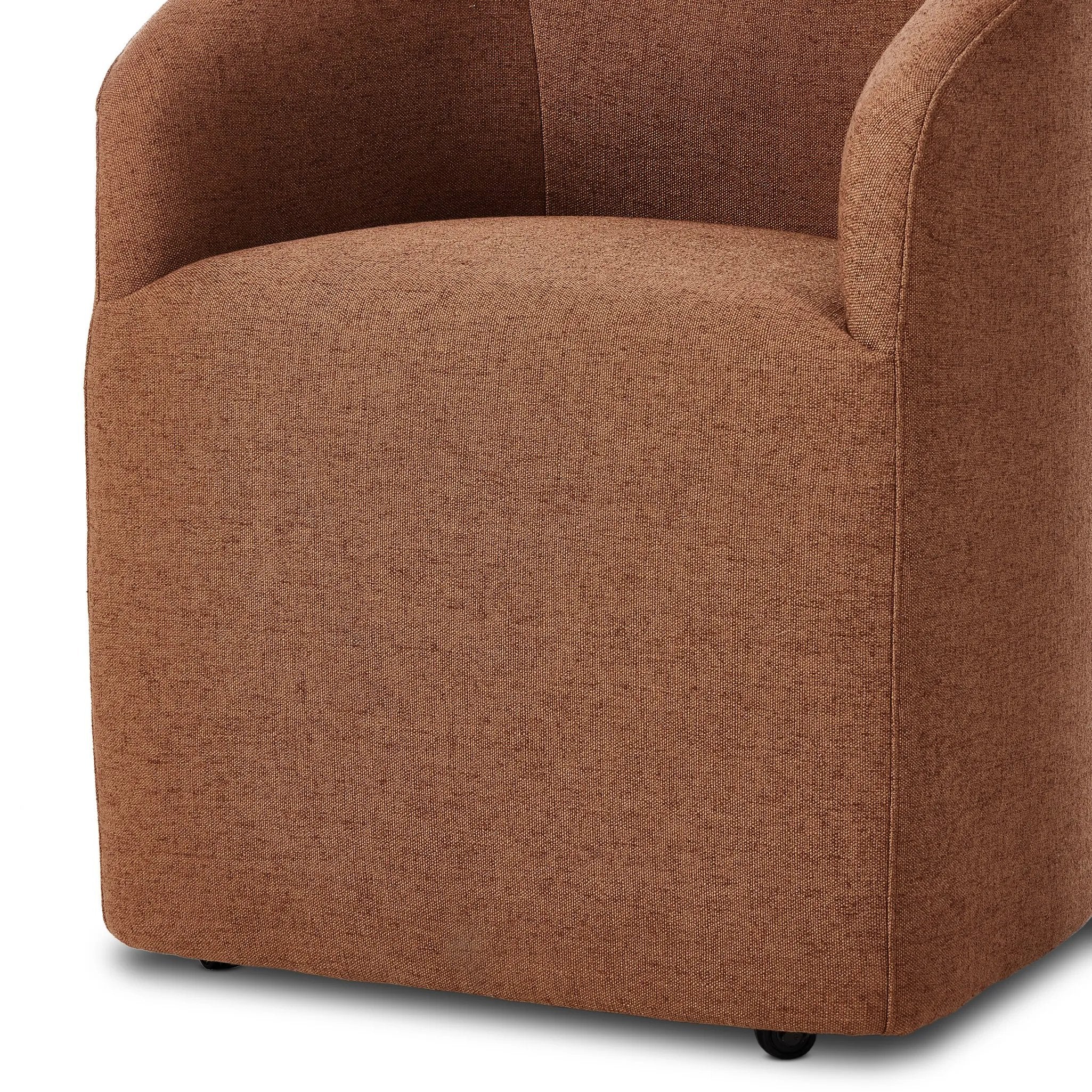 Featuring Rhett Bartin Rust Dining Chair by Four Hands at Amethyst Home. Fully upholstered in a unique rust hue, a barrel-style back creates a comfortable, cocoon-like sit. Slight scale perfect for smaller dining spaces.Overall Dimensions: 24.50"w x 25.00"d x 31.75"hWeight : 34.50 lbsMaterials: 57% Polyester, 17% Cotton, 15% Bamboo, 11% Lyocell Viscose, Eucal. Amethyst Home provides interior design, new home construction design consulting, vintage area rugs, and lighting in the Houston metro area.