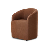 Featuring Rhett Bartin Rust Dining Chair by Four Hands at Amethyst Home. Fully upholstered in a unique rust hue, a barrel-style back creates a comfortable, cocoon-like sit. Slight scale perfect for smaller dining spaces.Overall Dimensions: 24.50"w x 25.00"d x 31.75"hWeight : 34.50 lbsMaterials: 57% Polyester, 17% Cotton, 15% Bamboo, 11% Lyocell Viscose, Euc. Amethyst Home provides interior design, new home construction design consulting, vintage area rugs, and lighting in the Park City metro area.