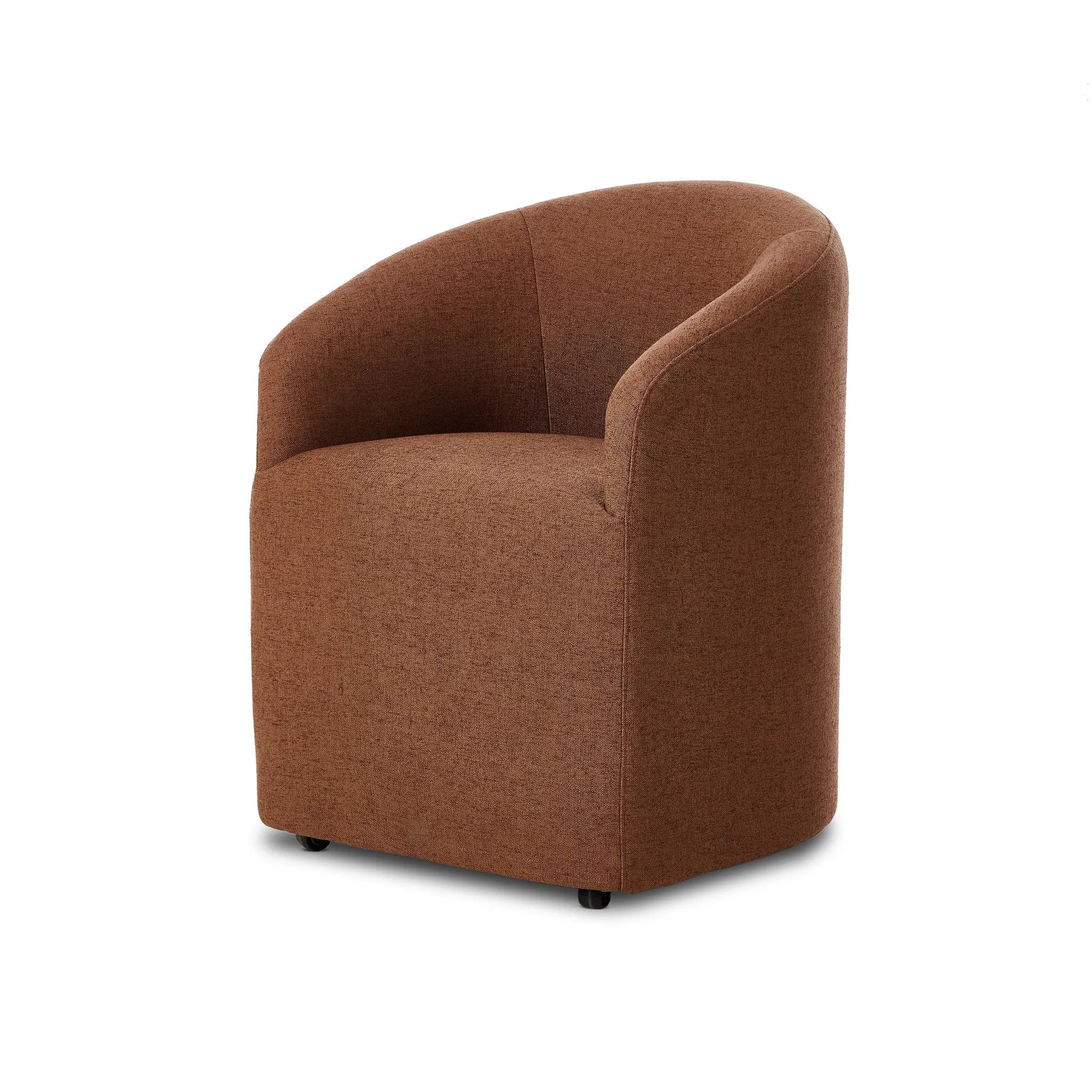Featuring Rhett Bartin Rust Dining Chair by Four Hands at Amethyst Home. Fully upholstered in a unique rust hue, a barrel-style back creates a comfortable, cocoon-like sit. Slight scale perfect for smaller dining spaces.Overall Dimensions: 24.50"w x 25.00"d x 31.75"hWeight : 34.50 lbsMaterials: 57% Polyester, 17% Cotton, 15% Bamboo, 11% Lyocell Viscose, Euc. Amethyst Home provides interior design, new home construction design consulting, vintage area rugs, and lighting in the Park City metro area.