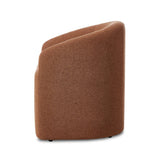 Featuring Rhett Bartin Rust Dining Chair by Four Hands at Amethyst Home. Fully upholstered in a unique rust hue, a barrel-style back creates a comfortable, cocoon-like sit. Slight scale perfect for smaller dining spaces.Overall Dimensions: 24.50"w x 25.00"d x 31.75"hWeight : 34.50 lbsMaterials: 57% Polyester, 17% Cotton, 15% Bamboo, 11% Lyocell Viscose. Amethyst Home provides interior design, new home construction design consulting, vintage area rugs, and lighting in the Salt Lake City metro area.