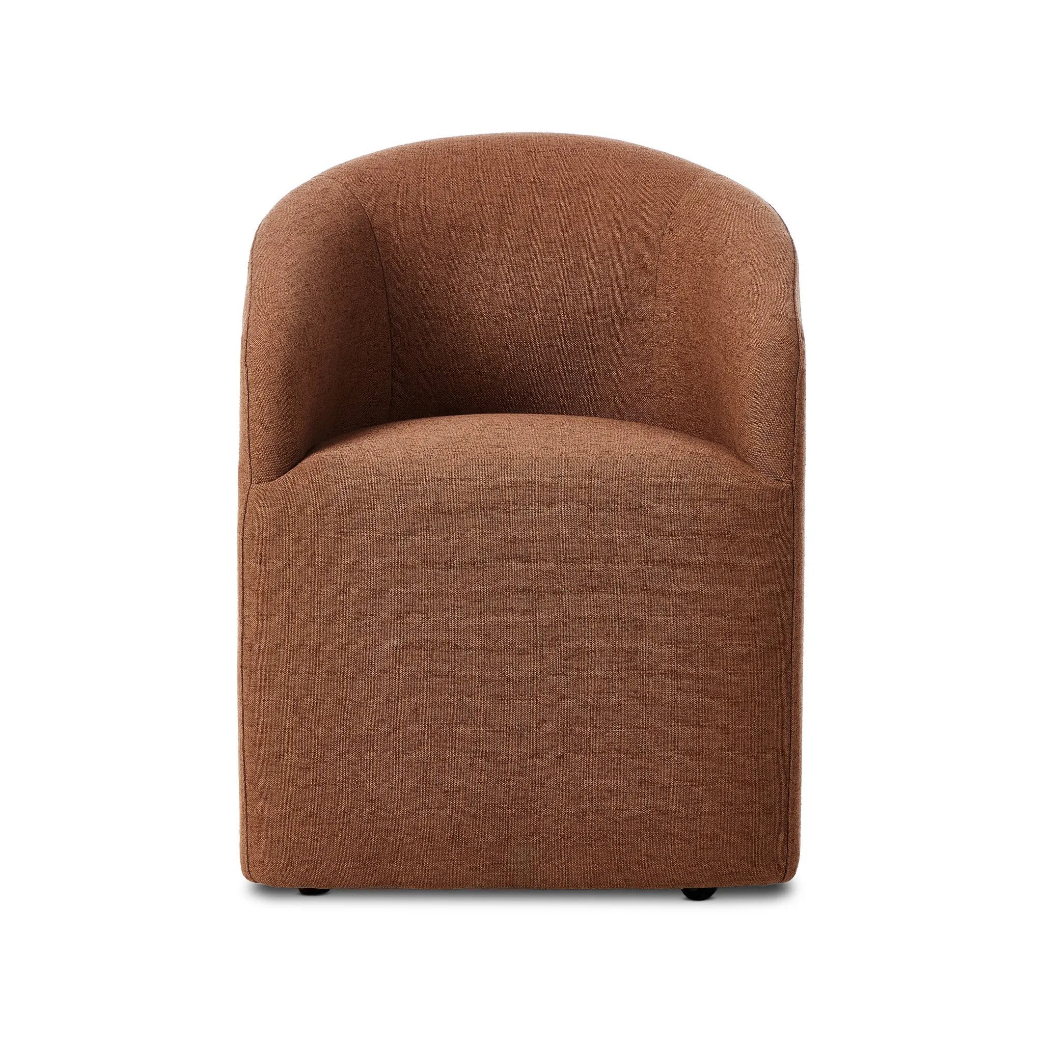 Featuring Rhett Bartin Rust Dining Chair by Four Hands at Amethyst Home. Fully upholstered in a unique rust hue, a barrel-style back creates a comfortable, cocoon-like sit. Slight scale perfect for smaller dining spaces.Overall Dimensions: 24.50"w x 25.00"d x 31.75"hWeight : 34.50 lbsMaterials: 57% Polyester, 17% Cotton, 15% Bamboo, 11% Lyocell Viscose, Eu. Amethyst Home provides interior design, new home construction design consulting, vintage area rugs, and lighting in the Scottsdale metro area.