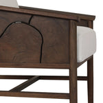 Inset panels of solid teak root are laminated to create a mosaic look against beautiful natural graining. Between angled armrests, cushioned seating is upholstered in a durable Italian fabric for an elevated look with a linen hand feel. Amethyst Home provides interior design, new home construction design consulting, vintage area rugs, and lighting in the Des Moines metro area.