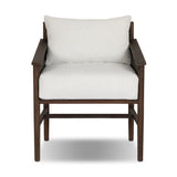 Inset panels of solid teak root are laminated to create a mosaic look against beautiful natural graining. Between angled armrests, cushioned seating is upholstered in a durable Italian fabric for an elevated look with a linen hand feel. Amethyst Home provides interior design, new home construction design consulting, vintage area rugs, and lighting in the Newport Beach metro area.