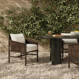 Inset panels of solid teak root are laminated to create a mosaic look against beautiful natural graining. Between angled armrests, cushioned seating is upholstered in a durable Italian fabric for an elevated look with a linen hand feel. Amethyst Home provides interior design, new home construction design consulting, vintage area rugs, and lighting in the Winter Garden metro area.