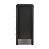 Create storage space in the bedroom with a five-drawer dresser of ebony-finished oak. Chunky dowel legs support a tall silhouette and overhang top, all finished out with simple gunmetal hardware Amethyst Home provides interior design, new home construction design consulting, vintage area rugs, and lighting in the Kansas City metro area.