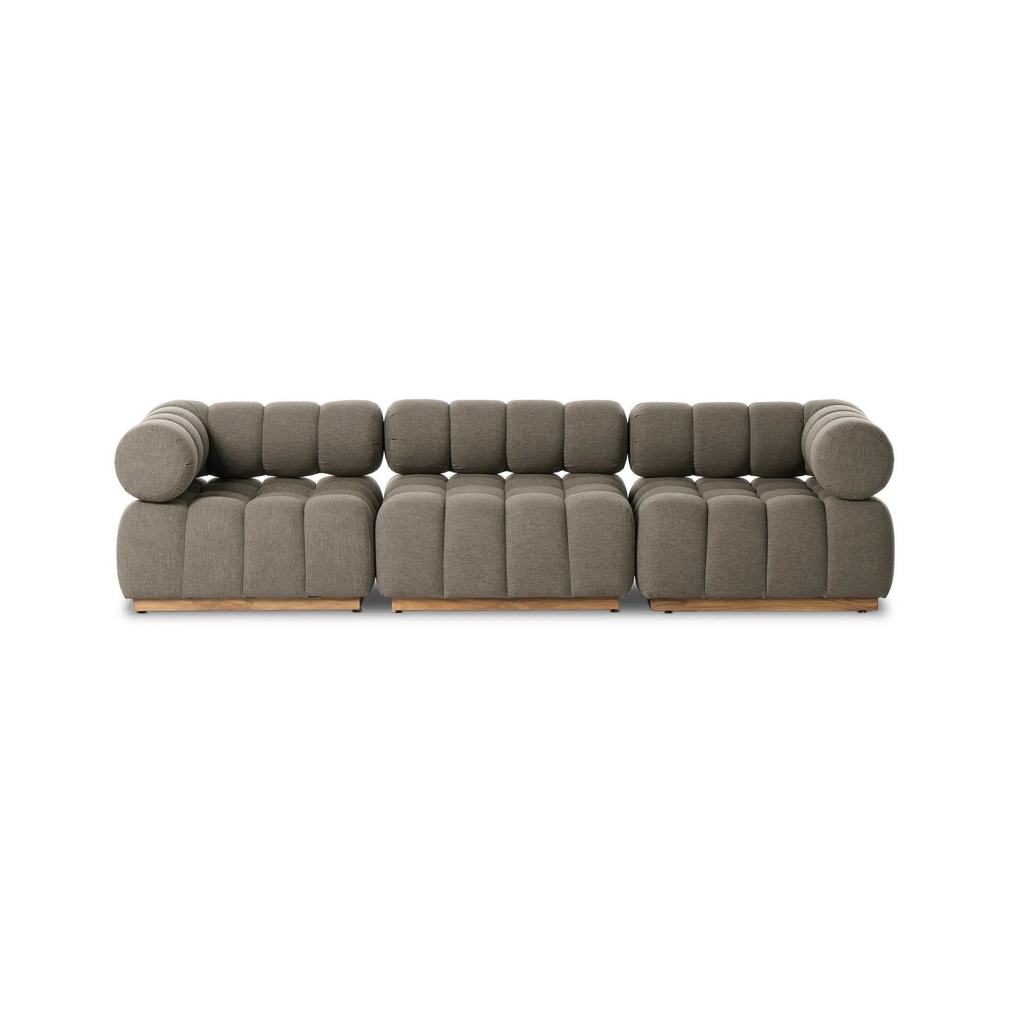 Featuring Roma Alessi Fawn Outdoor 3-Piece Sectional by Four Hands at Amethyst Home. A modern take on mid-century Italian design, soft volume and exaggerated proportions fuse for a sculpted look and playful feel. Atop a plinth-style teak base, outdoor-friendly three-piece sectional with ottoman features dramatic tufting for a padded sit, indoors and out. Co. Amethyst Home provides interior design, new home construction design consulting, vintage area rugs, and lighting in the San Diego metro area.