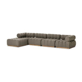 Featuring Roma Alessi Fawn Outdoor 4-Piece Sectional by Four Hands at Amethyst Home. A modern take on mid-century Italian design, soft volume and exaggerated proportions fuse for a sculpted look and playful feel. Atop a plinth-style teak base, outdoor-friendly four-piece sectional features dramatic tufting for a padded sit, indoors and out. Sustainably made. Amethyst Home provides interior design, new home construction design consulting, vintage area rugs, and lighting in the Calabasas metro area.