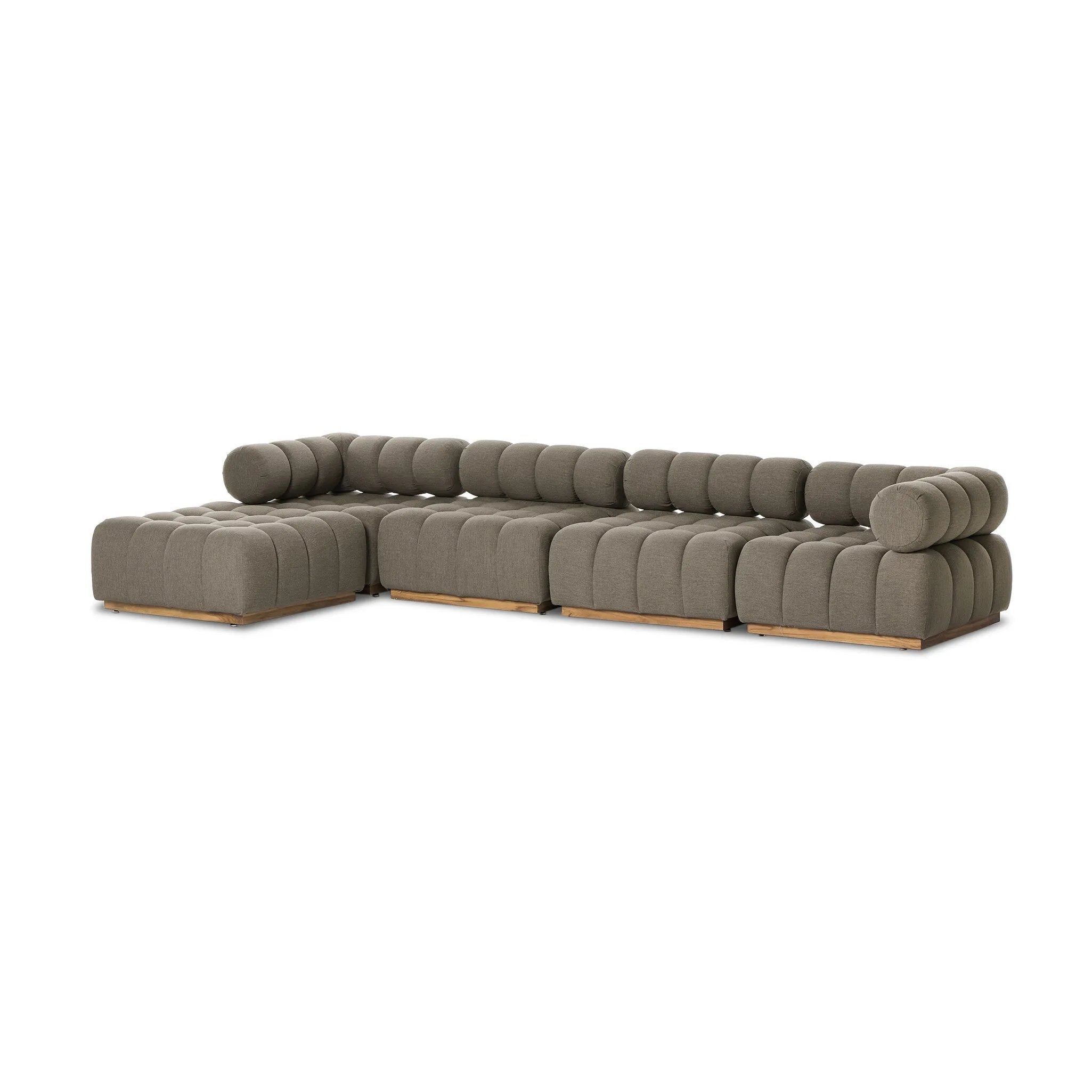 Featuring Roma Alessi Fawn Outdoor 4-Piece Sectional by Four Hands at Amethyst Home. A modern take on mid-century Italian design, soft volume and exaggerated proportions fuse for a sculpted look and playful feel. Atop a plinth-style teak base, outdoor-friendly four-piece sectional features dramatic tufting for a padded sit, indoors and out. Sustainably made. Amethyst Home provides interior design, new home construction design consulting, vintage area rugs, and lighting in the Calabasas metro area.