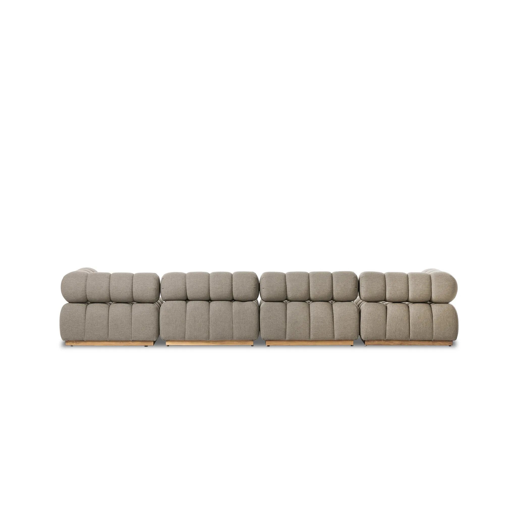 Featuring Roma Alessi Fawn Outdoor 4-Piece Sectional by Four Hands at Amethyst Home. A modern take on mid-century Italian design, soft volume and exaggerated proportions fuse for a sculpted look and playful feel. Atop a plinth-style teak base, outdoor-friendly four-piece sectional features dramatic tufting for a padded sit, indoors and out. Sustainably made. Amethyst Home provides interior design, new home construction design consulting, vintage area rugs, and lighting in the Park City metro area.