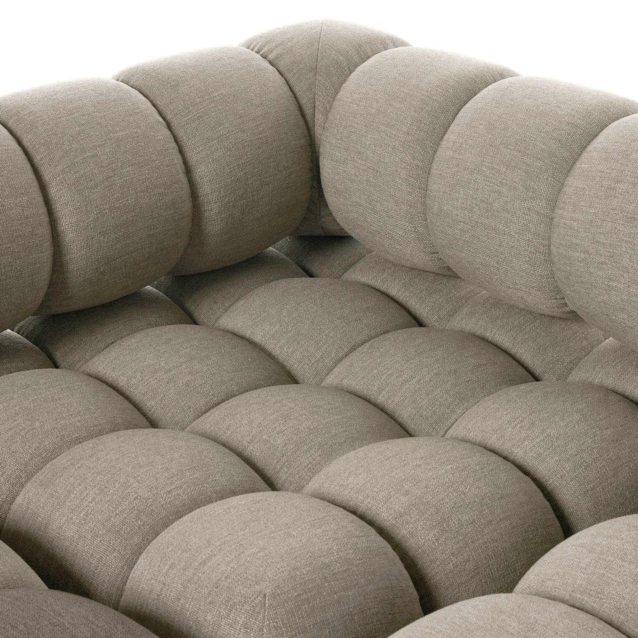 Featuring Roma Alessi Fawn Outdoor 5-Piece Sectional by Four Hands at Amethyst Home. A modern take on mid-century Italian design, soft volume and exaggerated proportions fuse for a sculpted look and playful feel. Atop a plinth-style teak base, outdoor-friendly five-piece sectional features dramatic tufting for a padded sit, indoors and out. Sustainably made. Amethyst Home provides interior design, new home construction design consulting, vintage area rugs, and lighting in the Nashville metro area.
