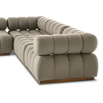 Featuring Roma Alessi Fawn Outdoor 5-Piece Sectional by Four Hands at Amethyst Home. A modern take on mid-century Italian design, soft volume and exaggerated proportions fuse for a sculpted look and playful feel. Atop a plinth-style teak base, outdoor-friendly five-piece sectional features dramatic tufting for a padded sit, indoors and out. Sustainably made . Amethyst Home provides interior design, new home construction design consulting, vintage area rugs, and lighting in the Portland metro area.