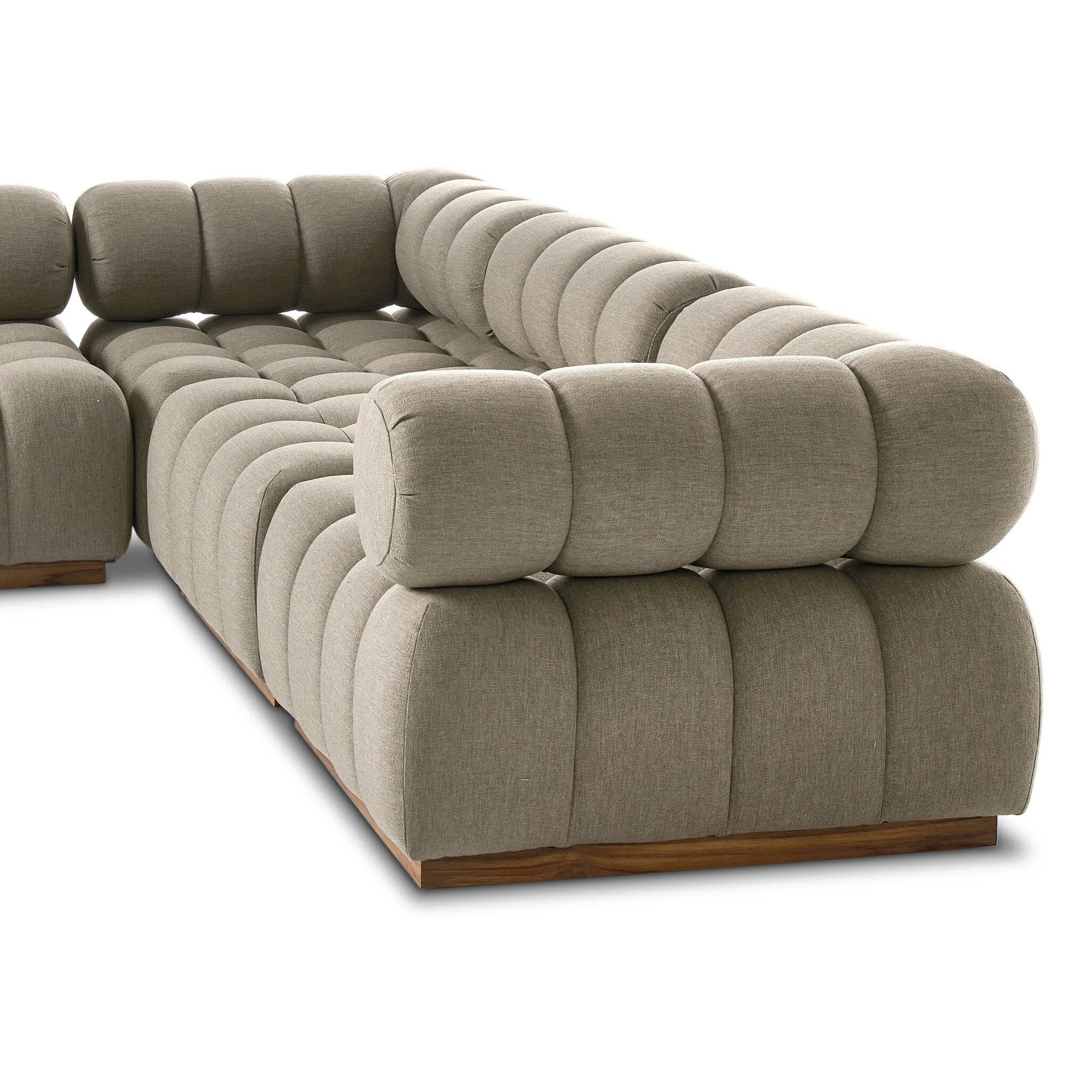 Featuring Roma Alessi Fawn Outdoor 5-Piece Sectional by Four Hands at Amethyst Home. A modern take on mid-century Italian design, soft volume and exaggerated proportions fuse for a sculpted look and playful feel. Atop a plinth-style teak base, outdoor-friendly five-piece sectional features dramatic tufting for a padded sit, indoors and out. Sustainably made . Amethyst Home provides interior design, new home construction design consulting, vintage area rugs, and lighting in the Portland metro area.
