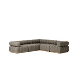 Featuring Roma Alessi Fawn Outdoor 5-Piece Sectional by Four Hands at Amethyst Home. A modern take on mid-century Italian design, soft volume and exaggerated proportions fuse for a sculpted look and playful feel. Atop a plinth-style teak base, outdoor-friendly five-piece sectional features dramatic tufting for a padded sit, indoors and out. Sustainably. Amethyst Home provides interior design, new home construction design consulting, vintage area rugs, and lighting in the Salt Lake City metro area.