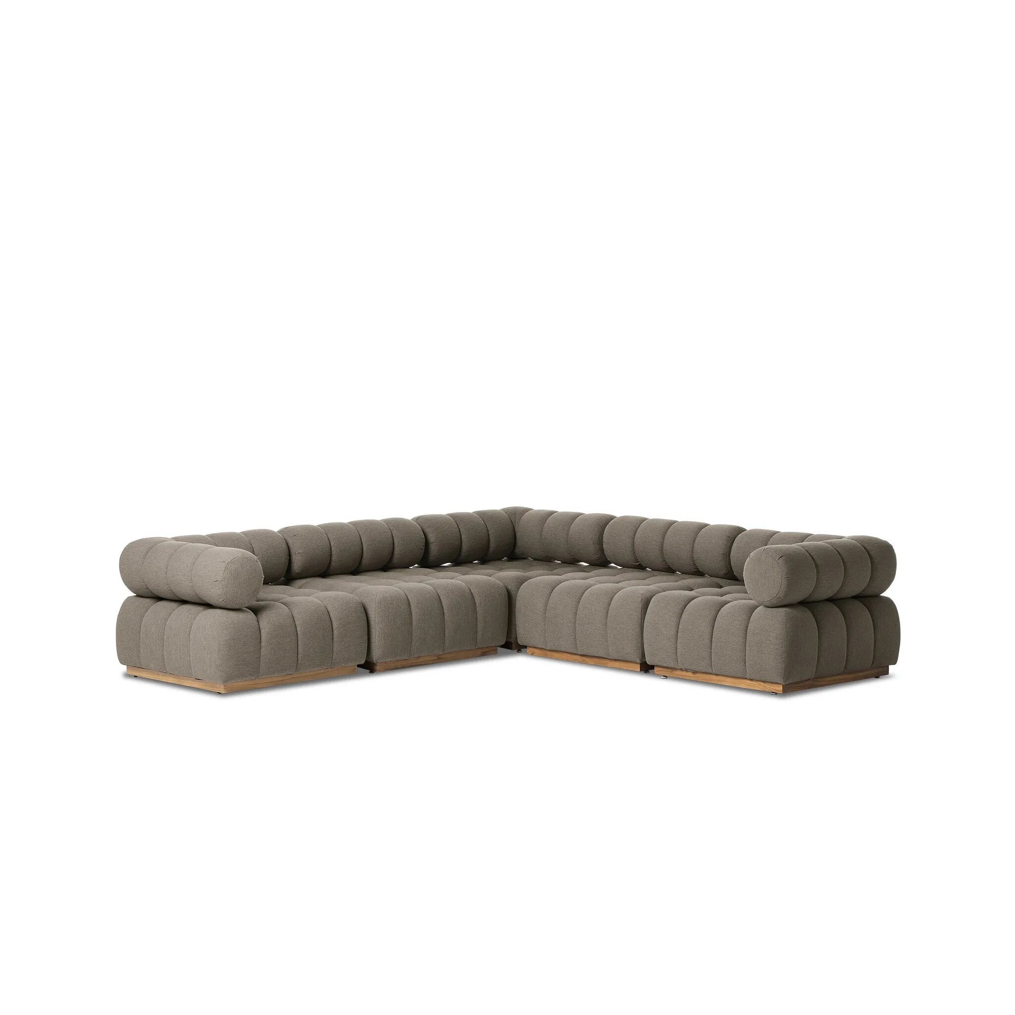 Featuring Roma Alessi Fawn Outdoor 5-Piece Sectional by Four Hands at Amethyst Home. A modern take on mid-century Italian design, soft volume and exaggerated proportions fuse for a sculpted look and playful feel. Atop a plinth-style teak base, outdoor-friendly five-piece sectional features dramatic tufting for a padded sit, indoors and out. Sustainably. Amethyst Home provides interior design, new home construction design consulting, vintage area rugs, and lighting in the Salt Lake City metro area.