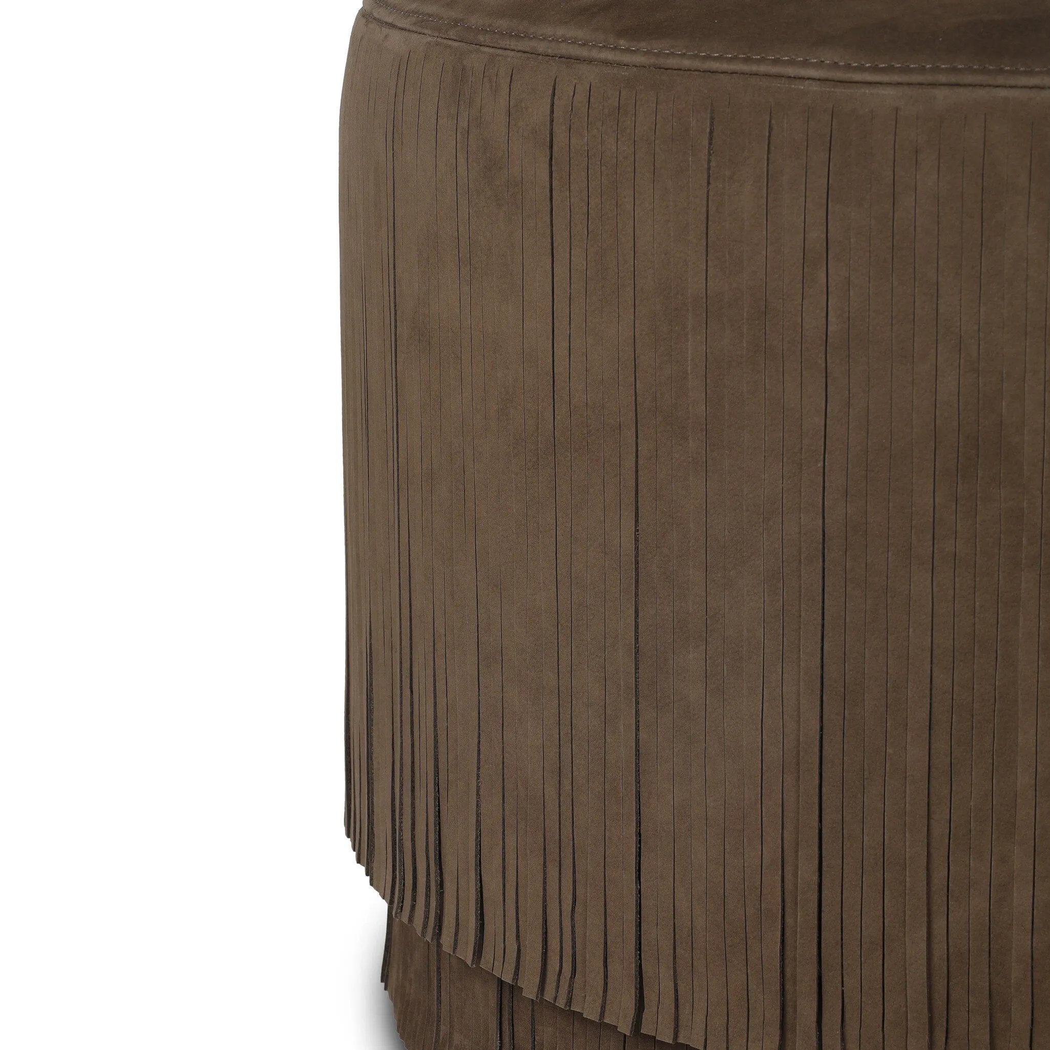 Fringe benefits. Nubuck leather fringe brings both movement and a hint of playfulness to this perfectly sized ottoman.As fans of clean materials at Amethyst, we love the nature inspired Rooney Ottoman - Nubuck Cigar. This item pairs well with other brands such as Four Hands and is perfect for wabi sabi homes Amethyst Home provides interior design, new home construction design consulting, vintage area rugs, and lighting in the Boston metro area.