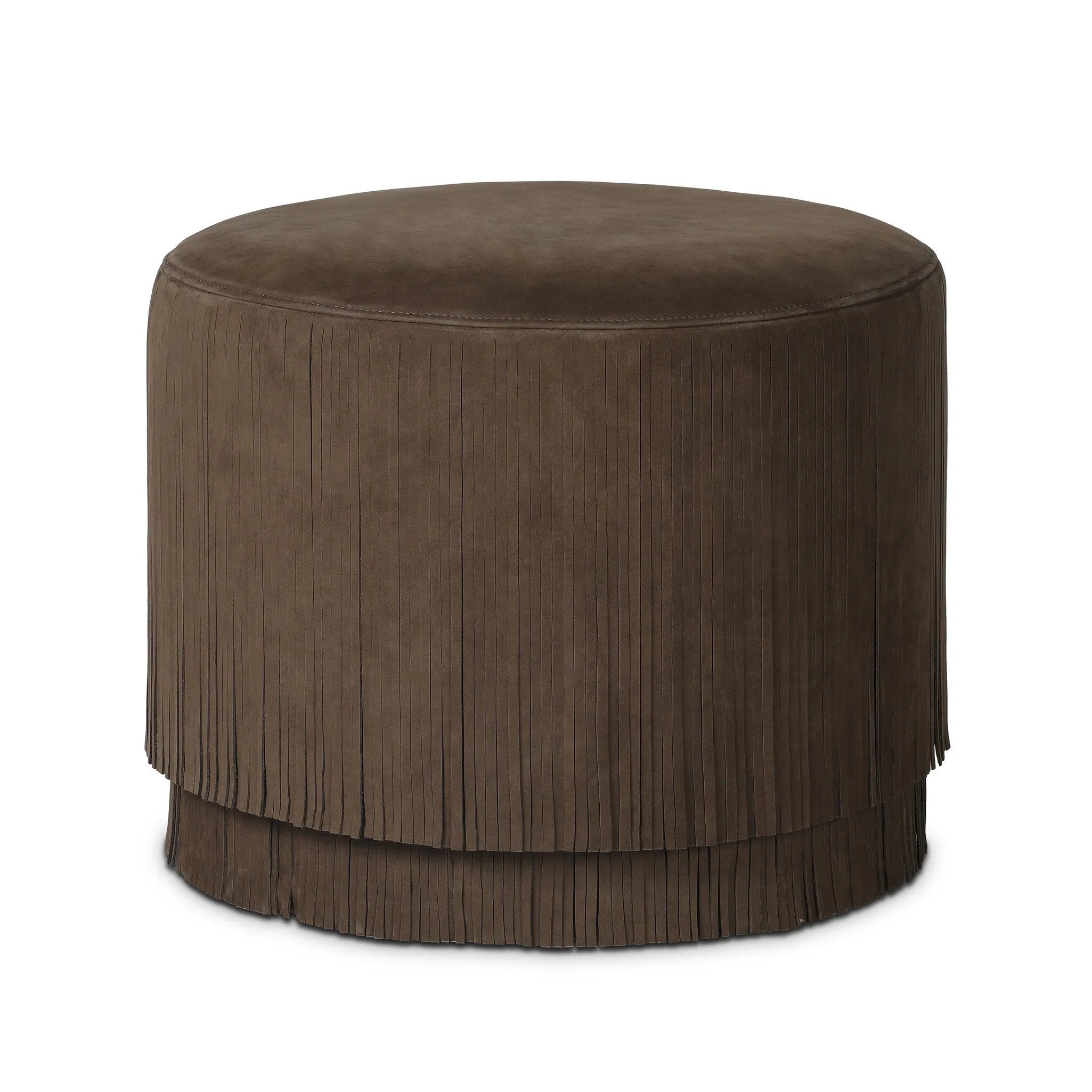 Fringe benefits. Nubuck leather fringe brings both movement and a hint of playfulness to this perfectly sized ottoman.As fans of clean materials at Amethyst, we love the nature inspired Rooney Ottoman - Nubuck Cigar. This item pairs well with other brands such as Four Hands and is perfect for wabi sabi homes Amethyst Home provides interior design, new home construction design consulting, vintage area rugs, and lighting in the Tampa metro area.